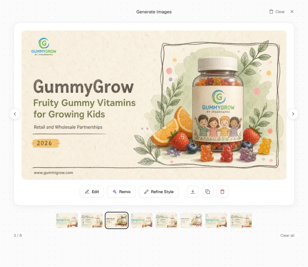 Marvin Generate Images screen showing several GummyGrow slide variations with Edit, Remix and Refine Style.