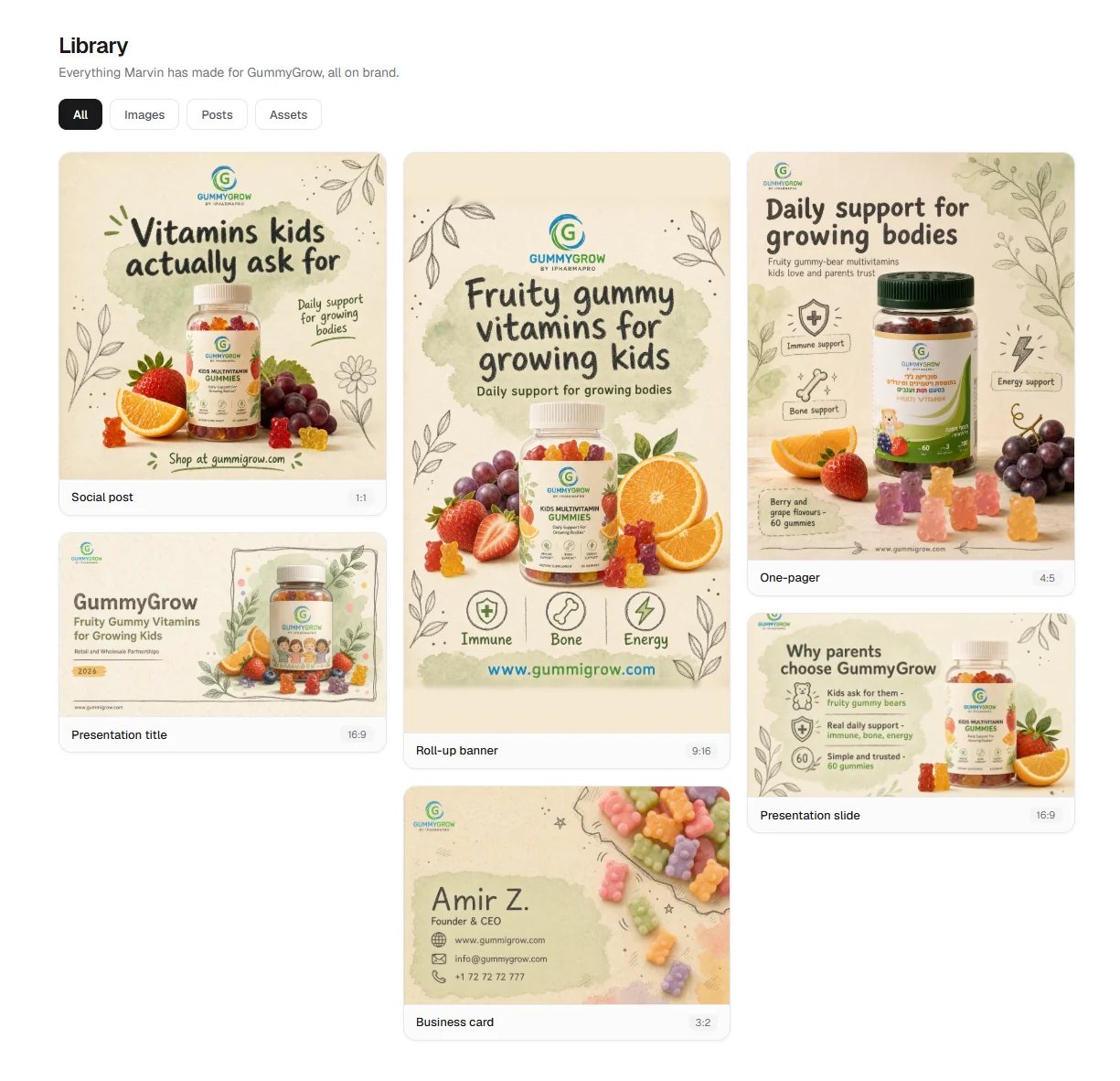 GummyGrow's Marvin library: business card, one-pager, roll-up, social post and slides, all on one brand.