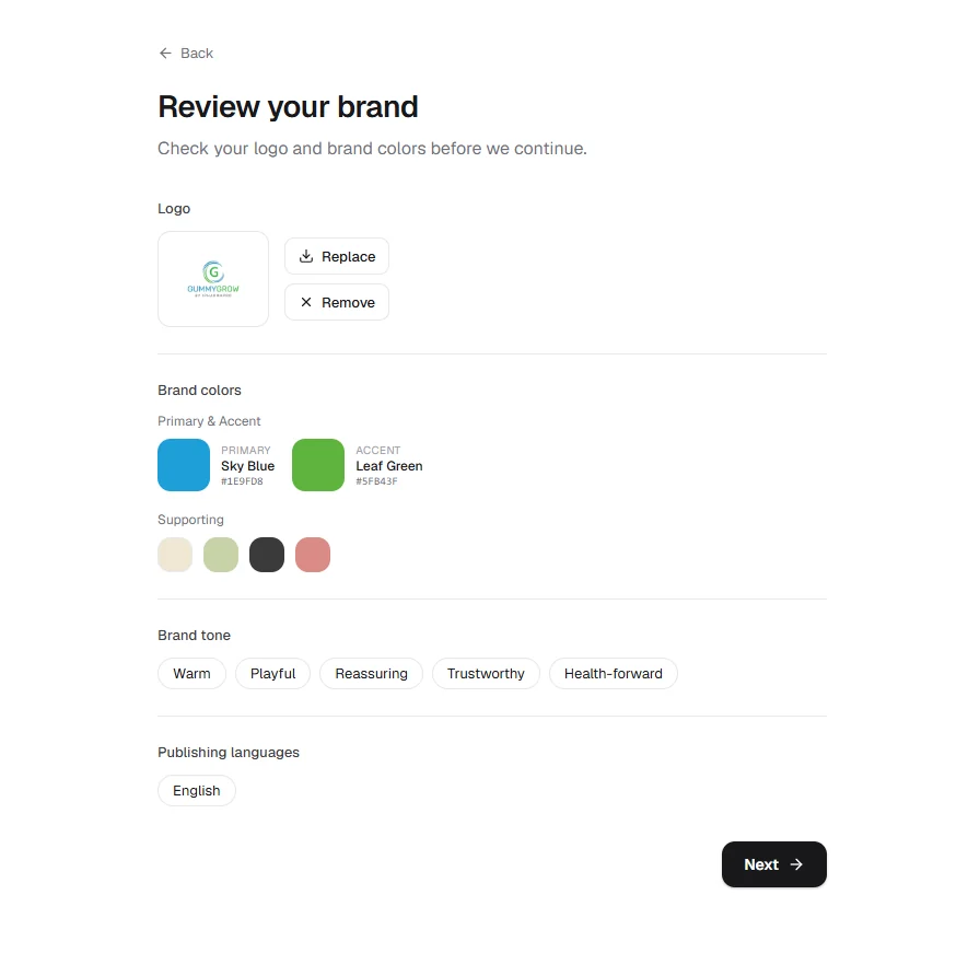 Marvin Review your brand screen showing GummyGrow's logo, blue and green brand colours, and tone.