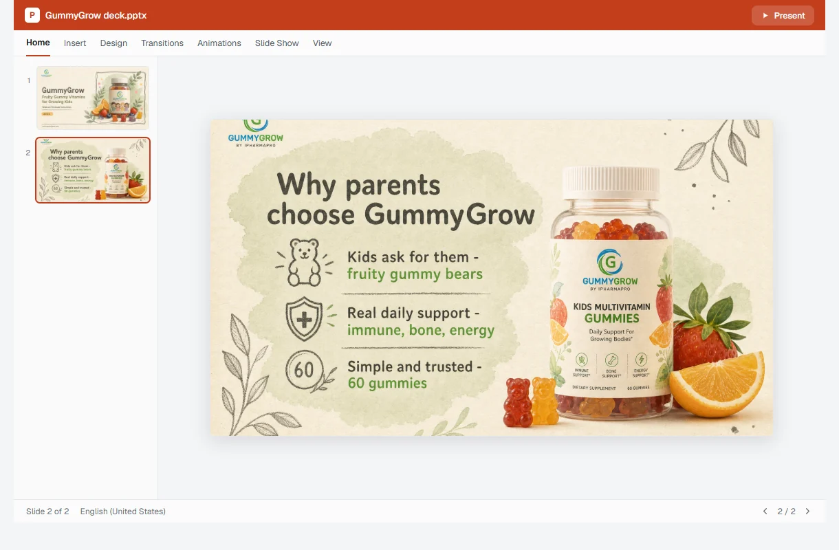 GummyGrow presentation open in PowerPoint, showing the on-brand Why parents choose GummyGrow slide.